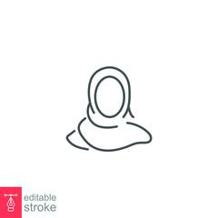 Women hijab icon, saudi arab, lady, cover female, islam. Beautiful muslim girl avatar. head scarf Eastern Women's Clothing logo. editable stroke Vector illustration. Design on white background. EPS 10