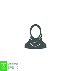 Women hijab icon. female saudi arab. islam lady. Beautiful muslim girl avatar. head scarf Eastern Women's Clothing logo. solid style pictogram. Vector illustration. Design on white background. EPS 10