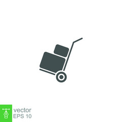 Box trolley glyph icon, move truck cargo carrier, bag cart delivery, flat luggage suitcase. Packaging Symbol. Moving hand truck with box Packages vector illustration design on white background. EPS 10