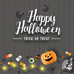 Halloween background with candy, eyeballs, spiders, bats and pumpkins on wooden table. Vector