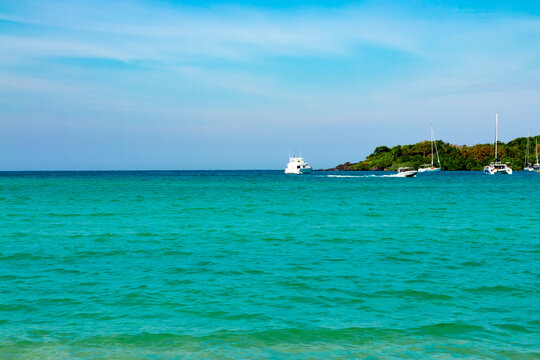 Tropical landscape at Koh Kood is a tropical island with emerald green water and beautiful tropical beaches in the clear blue sky.