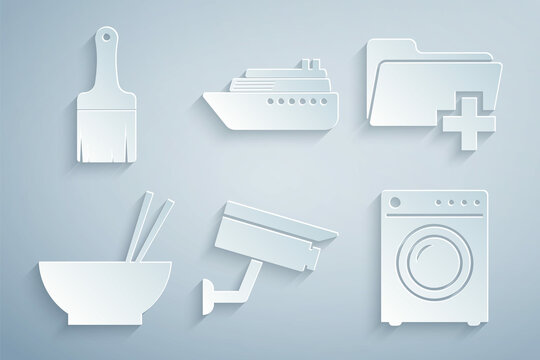 Set Security camera, Add new folder, Bowl with chopsticks, Washer, Ship and Paint brush icon. Vector