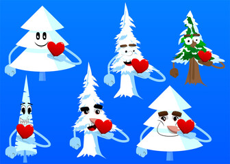 Cartoon winter pine trees with faces holding red heart in his hand. Cute forest trees. Snow on pine cartoon character, funny holiday vector illustration.