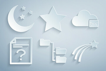 Set Folder tree, Cloud mail server, Unknown document, Falling star, Star and Moon and stars icon. Vector