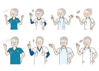 シニア医師と看護師と整体師の表情セット