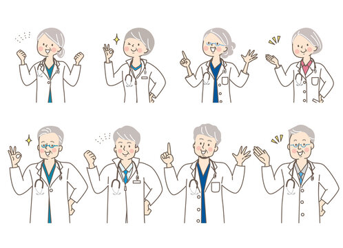 シニア医師と看護師と整体師の表情セット