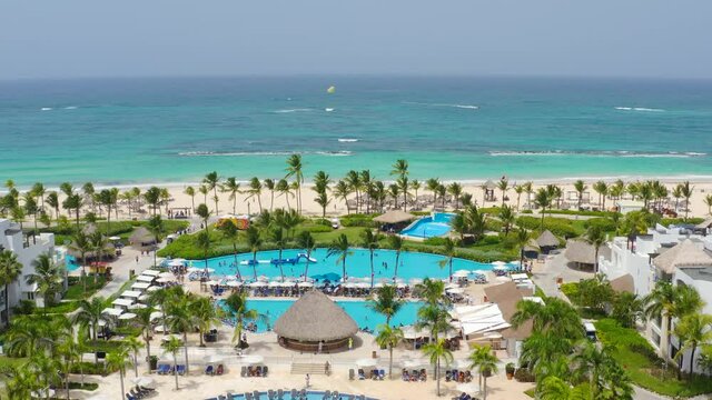 Aerial panorama of a large beach hotel the Hard Rock Hotel in Punta Cana Dominican Republic