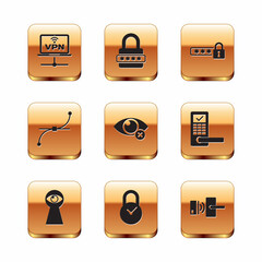 Set VPN Computer network, Keyhole with eye, Padlock clock, Invisible hide, Bezier curve and Password protection icon. Vector