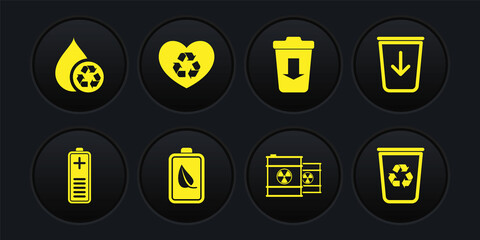 Set Battery charge level indicator, Send the trash, Eco nature leaf and battery, Radioactive waste barrel, friendly heart, Recycle bin with recycle and clean aqua icon. Vector
