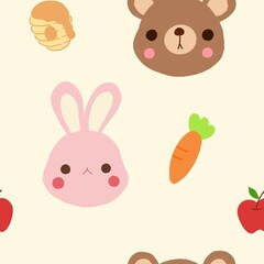 Seamless childish pattern with bear, rabbit, carrot, apple, and honeycomb. Creative kids pattern for fabric, wallpaper, wrapping, textile, apparel, cards.