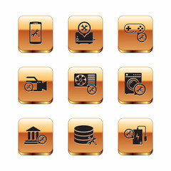 Set Smartphone service, Bank building, Database server, Air conditioner, Video camera, Gamepad, Power bank and Toaster icon. Vector