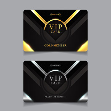 Vector VIP golden and platinum business card. Black geometric pattern background with premium design. Luxury and elegant graphic print template layout for vip member