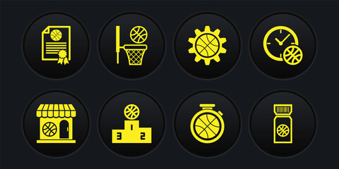 Set Sports shop and basketball, Clock with, winner podium, Stopwatch, Planning strategy concept, Basketball, game ticket and Certificate award icon. Vector