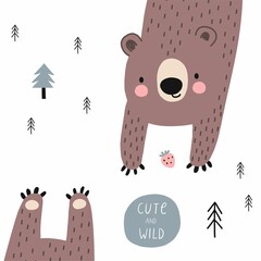 Cute cartoon Bear - vector illustration in scandinavian style. Awesome bear character in forest