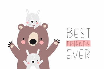 Cute bear and bunny - Best friends ever. Vector illustration cute animals friends characters
