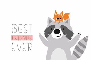 Cute raccoon and  squirrel - Best friends ever. Vector illustration cute animals friends characters
 - obrazy, fototapety, plakaty