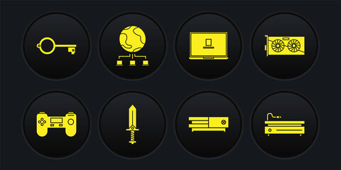 Set Gamepad, Video graphic card, Sword for game, console, Laptop, Computer network, and Ancient key icon. Vector © vector_v
