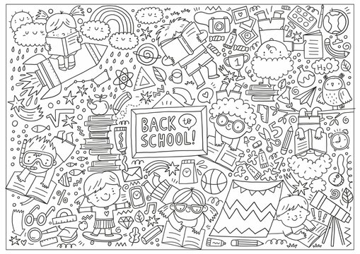 Big Coloring page Back to school - vector print in doodle style. Big coloring poster kids read books