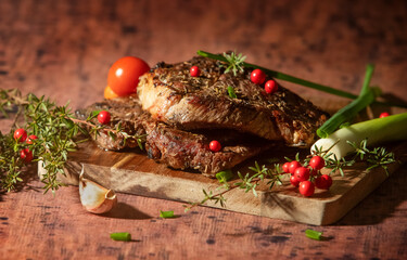 Cooked steak served and ready to eat, meat meal, main dish