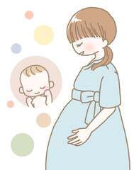 赤ちゃんに会えるのを待ち望んでいる妊婦の母親と眠る赤ちゃんのイラスト