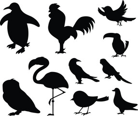 Birds from Different parts of World. Common Birds. Penguin Chicken Sparrow Dodo Bird Pigeon Duck Swan Owl Crow. Black Bird Silhouette Against White Background No Sky. Free Vector © CreativeChamber