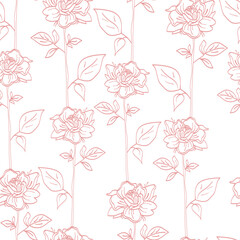Vector seamless pattern of a rose flower with leaves. Botanical illustration. Design for prints, textile, fabric, wallpaper, paper, postcards, logos.