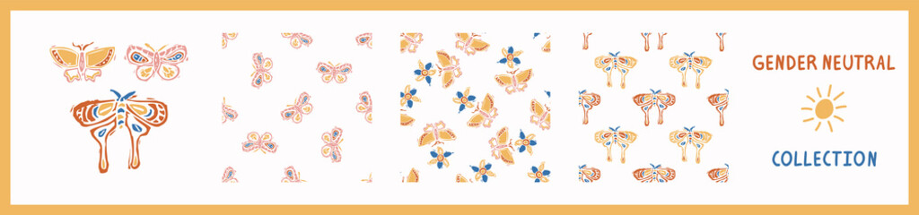 Whimsical style block print shape butterfly pattern set. Seamless lino cut retro all over print collection. Trendy playful baby nursery decor, scandi fashion, decorative lino cut. Vector swatch. 