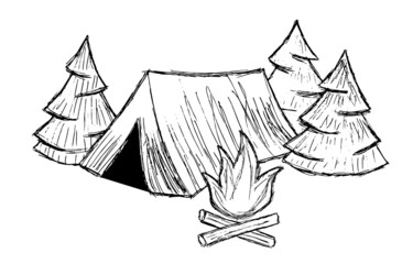 Black and white vector sketch of tourist tent in forest with bonfire. Simple contour landscape. Outdoor recreation concept