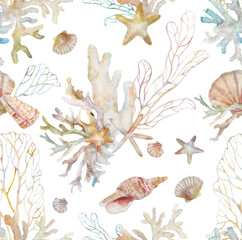 Corals and seashells painted in watercolor. Seamless pattern with seabed
