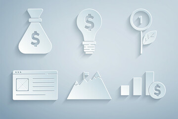 Set Mountains with flag, Dollar plant, Browser window, Pie chart and dollar, Light bulb and Money bag icon. Vector
