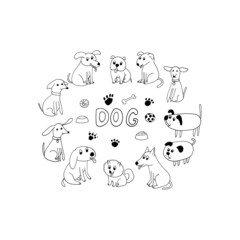 dogs icon set. hand drawn doodle. vector, scandinavian, nordic, minimalism, monochrome. pet, animal, cute, funny, bowl, food, ball, footprints, paws, lettering.
