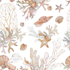 Corals and seashells painted in watercolor. Seamless pattern with seabed