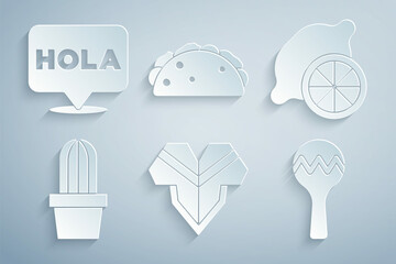 Set Poncho, Lemon, Cactus or succulent in pot, Maracas, Taco with tortilla and Hola icon. Vector © vector_v