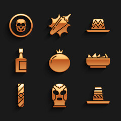 Set Tomato, Mexican wrestler, sombrero, Nachos in bowl, Cigar, Tequila bottle, and skull coin icon. Vector