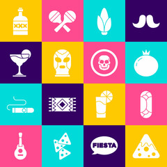 Set Nachos, Burrito, Tomato, Corn, Mexican wrestler, Margarita cocktail, Tequila bottle and skull coin icon. Vector