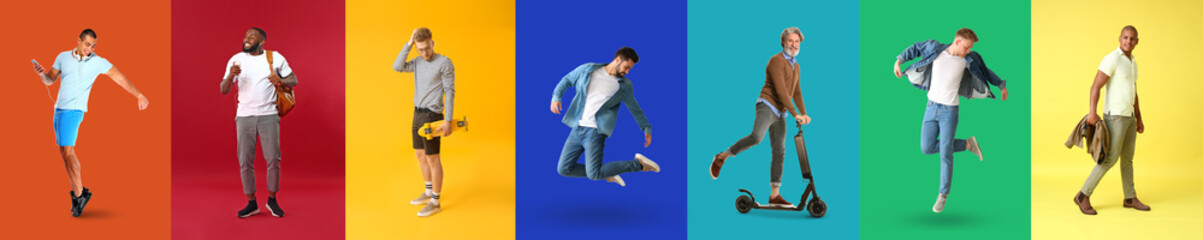 Set of stylish men on color background