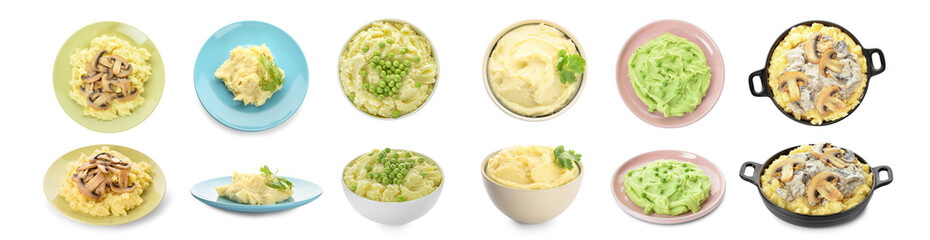 Set of tasty mashed potato on white background