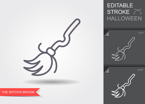 Witch broom. Line icon with editable stroke with shadow