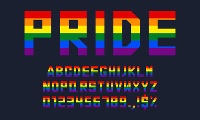 LGBTQ+ rainbow colors pride font design. alphabet letters, numbers, and signs vector illustration. Suitable for web, printing usage, etc.