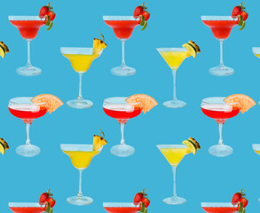 Many daiquiri cocktails on color background. Pattern for design