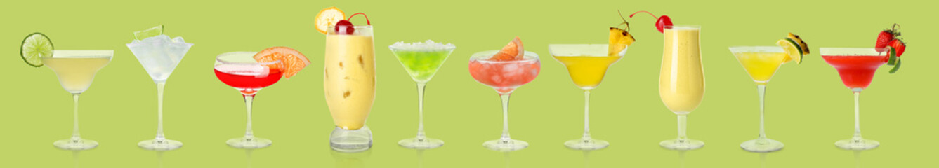 Set of different daiquiri cocktails on color background