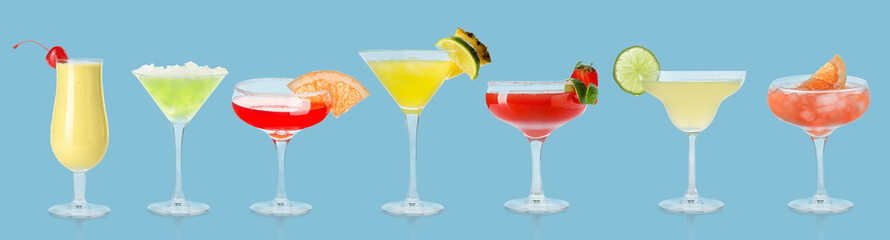 Set of different daiquiri cocktails on blue background