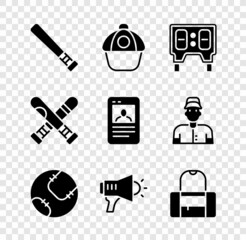 Set Baseball bat, cap, mechanical scoreboard, Megaphone, Sport bag, Crossed baseball and card icon. Vector