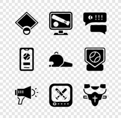 Set Baseball field, Monitor with baseball game, Speech bubble chat, Megaphone, Player chest protector, Mobile and cap icon. Vector