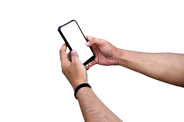 Man holding smartphone with blank screen on white background, closeup of hand. Space for text