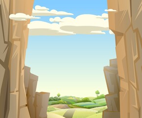 Mountain gorge. Frame composition. Rural hills with road. Stone rocky rocky landscape. High peaks and cliffs. Sky with clouds. Illustration vector
