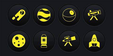 Set Planet Mars, Telescope, Rocket ship, and Comet falling down fast icon. Vector