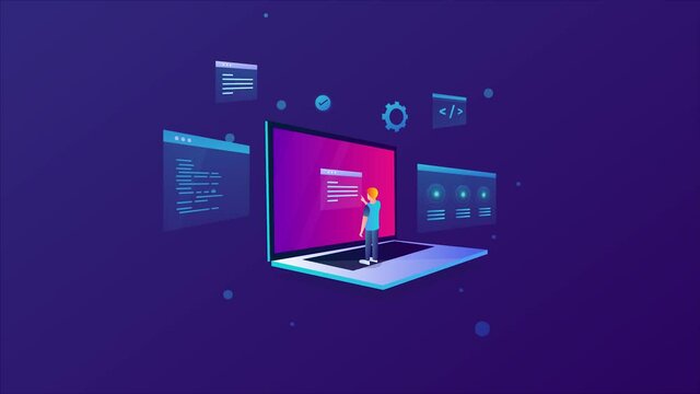Web development, coding, programming, internet technology, software application concept. 3d style isometric animation 4k video clip.