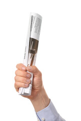 Male hand and newspaper on white background