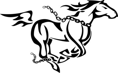 Vector silhouette of a running free horse with chain. 